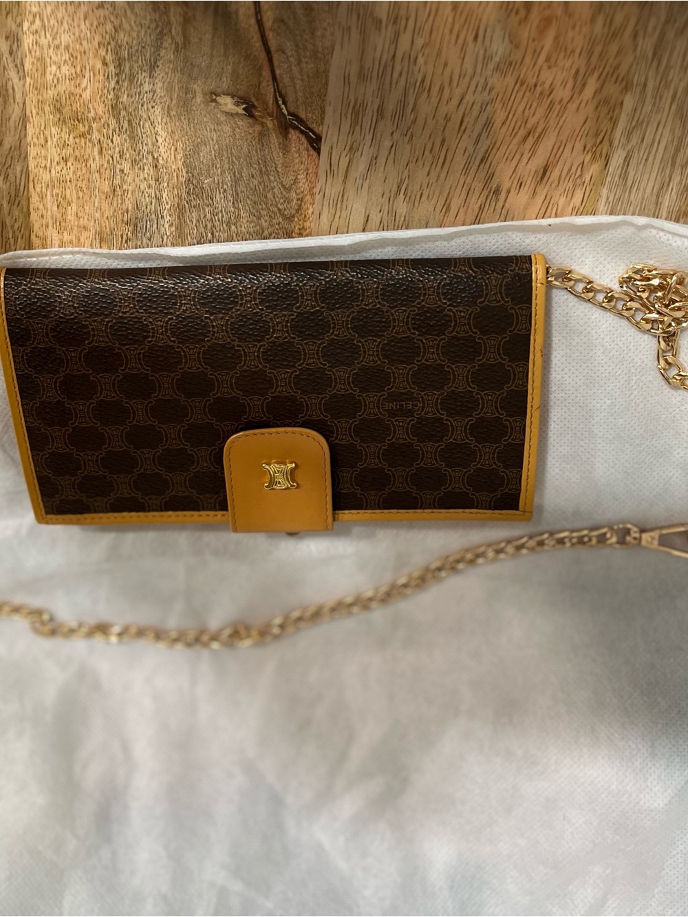 Celine Brown kiss lock Wallet with Tan Trim and unbranded gold chain included